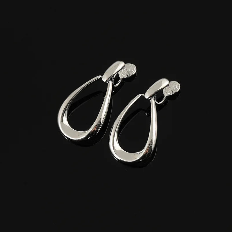 Elegant Minimalist Silver Alloy Teardrop Hoop Stud & Clip On No Piercing Geometric Drop Earrings