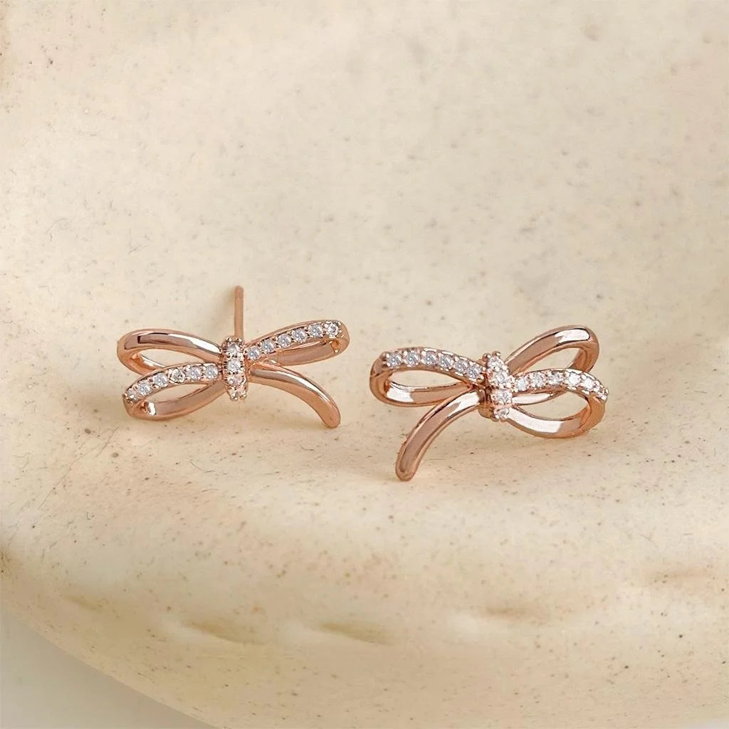 Rose Gold Plated Copper Bow Stud Earrings, Minimalist Designer Anti-Tarnish Jewelry
