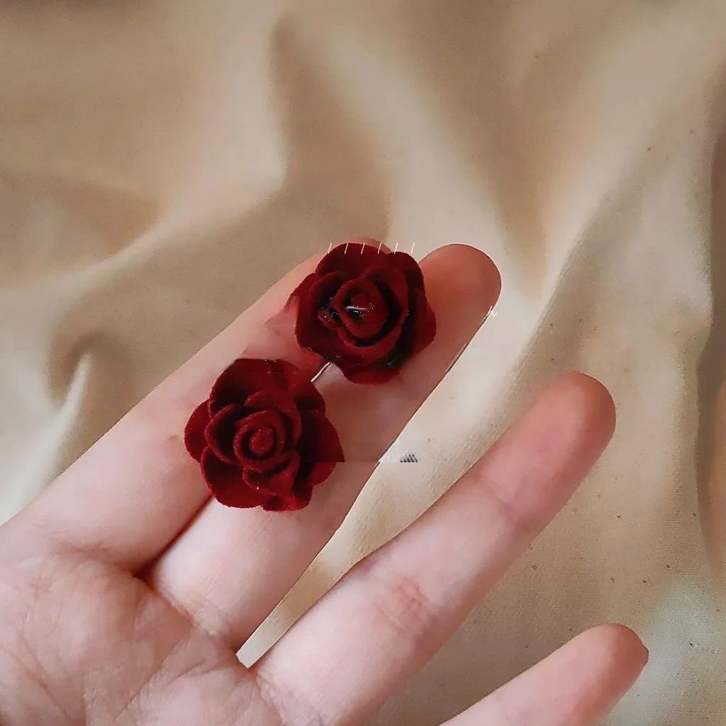 French Vintage Burgundy Flocked Resin Rose Flower Stud Earrings With Silver Plated Pins