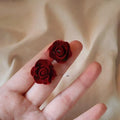 French Vintage Burgundy Flocked Resin Rose Flower Stud Earrings With Silver Plated Pins