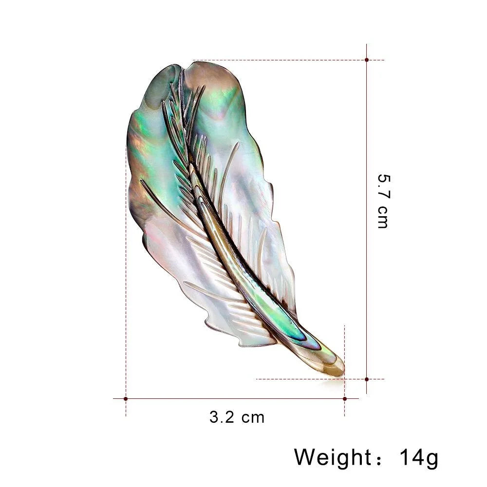 Elegant Abalone Mother Of Pearl Feather Brooch For Women, Alloy Lapel Pin Corsage Suit Accessory Gift