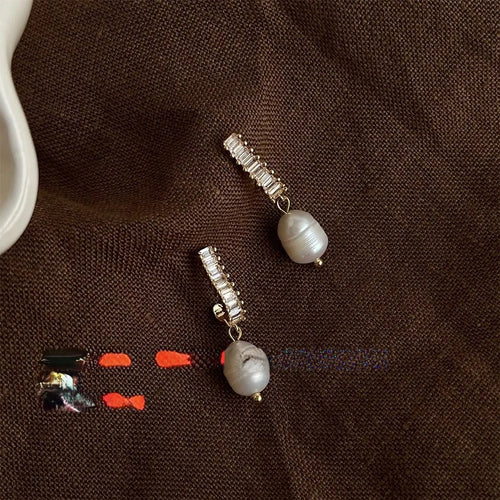 French Vintage Geometric Freshwater Pearl Micro Pave Zircon Copper Drop Earrings For Women