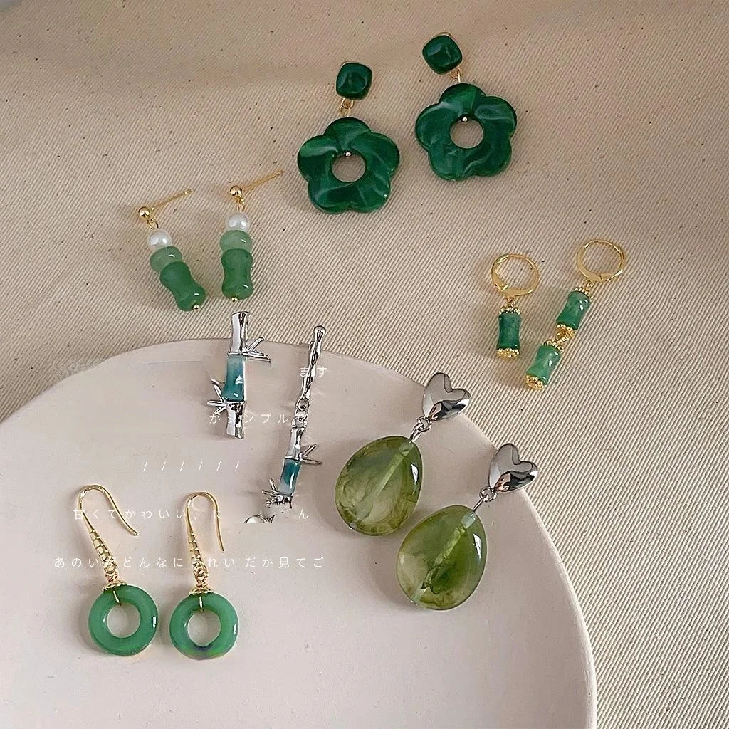 Handmade Forest Style Green Resin Bamboo Leaf Flower Geometric Drop Earrings For Women