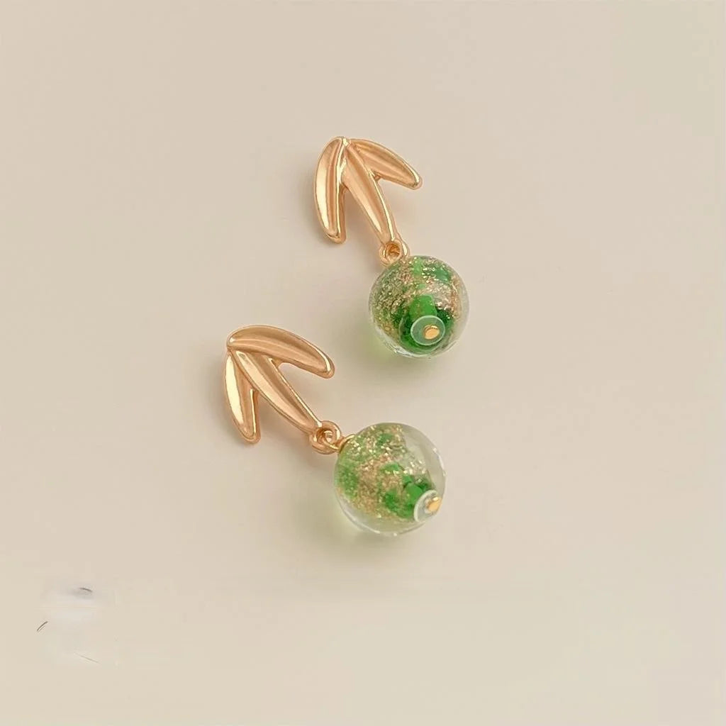 New Chinese Style Green Glass Bamboo Leaf Drop Earrings Handmade Vintage Women Jewelry