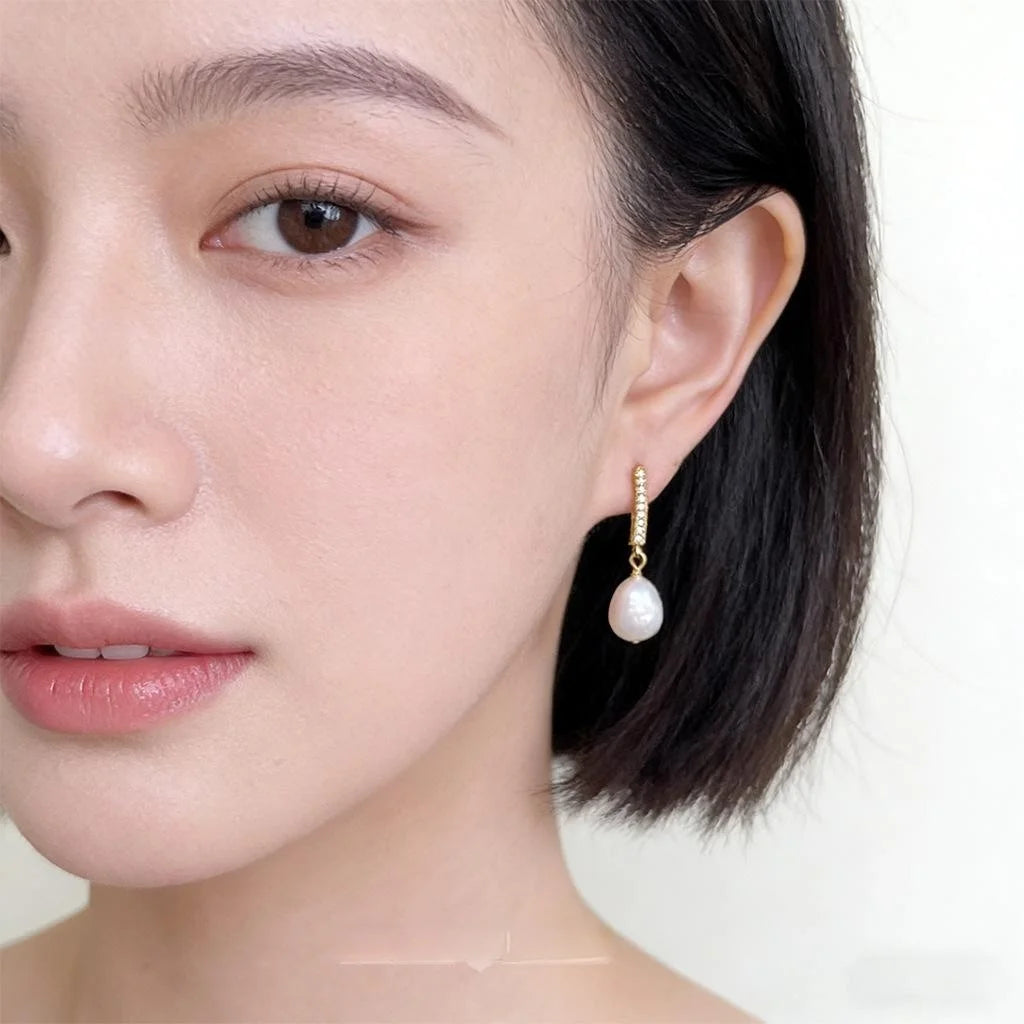 Baroque Irregular Freshwater Pearl Micro Pave Zircon Copper Stud Earrings Silver Plated Handmade Jewelry