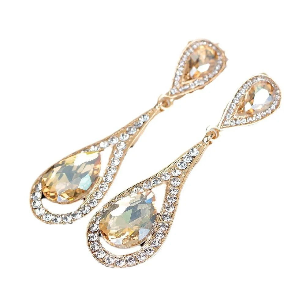 Luxury Teardrop Rhinestone Crystal Long Dangle Earrings For Women Elegant Bridal Wedding Party Jewelry