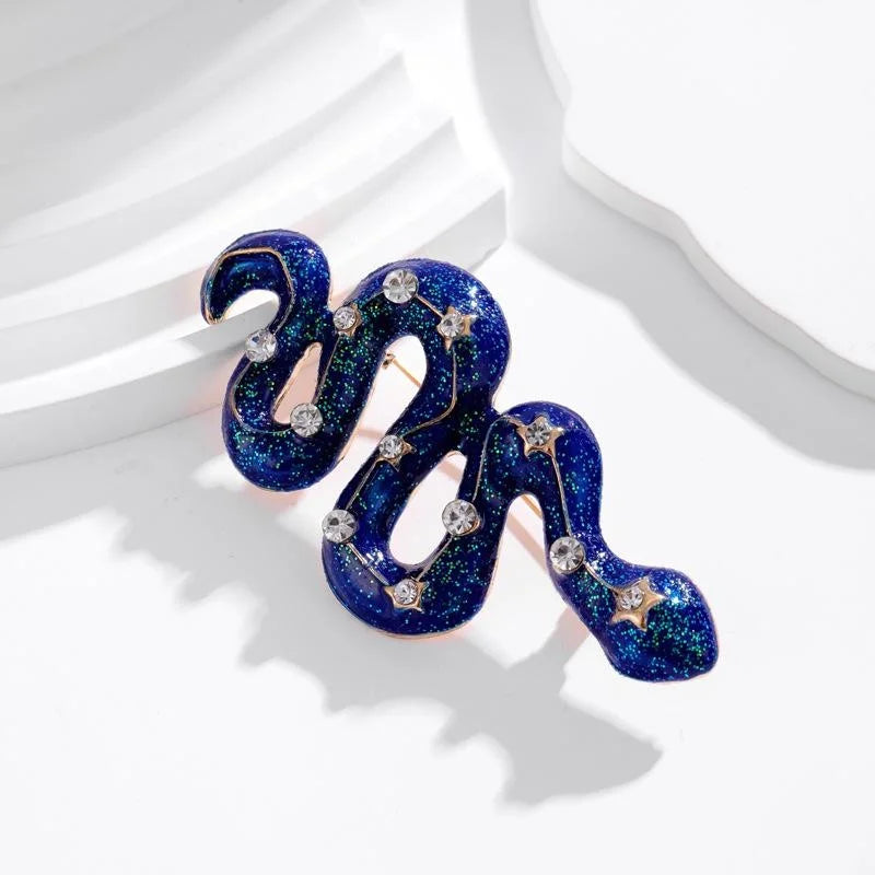 Luxury Blue Enamel Snake Brooch With Rhinestone Stars, Statement Animal Lapel Pin Suit Accessory Gift