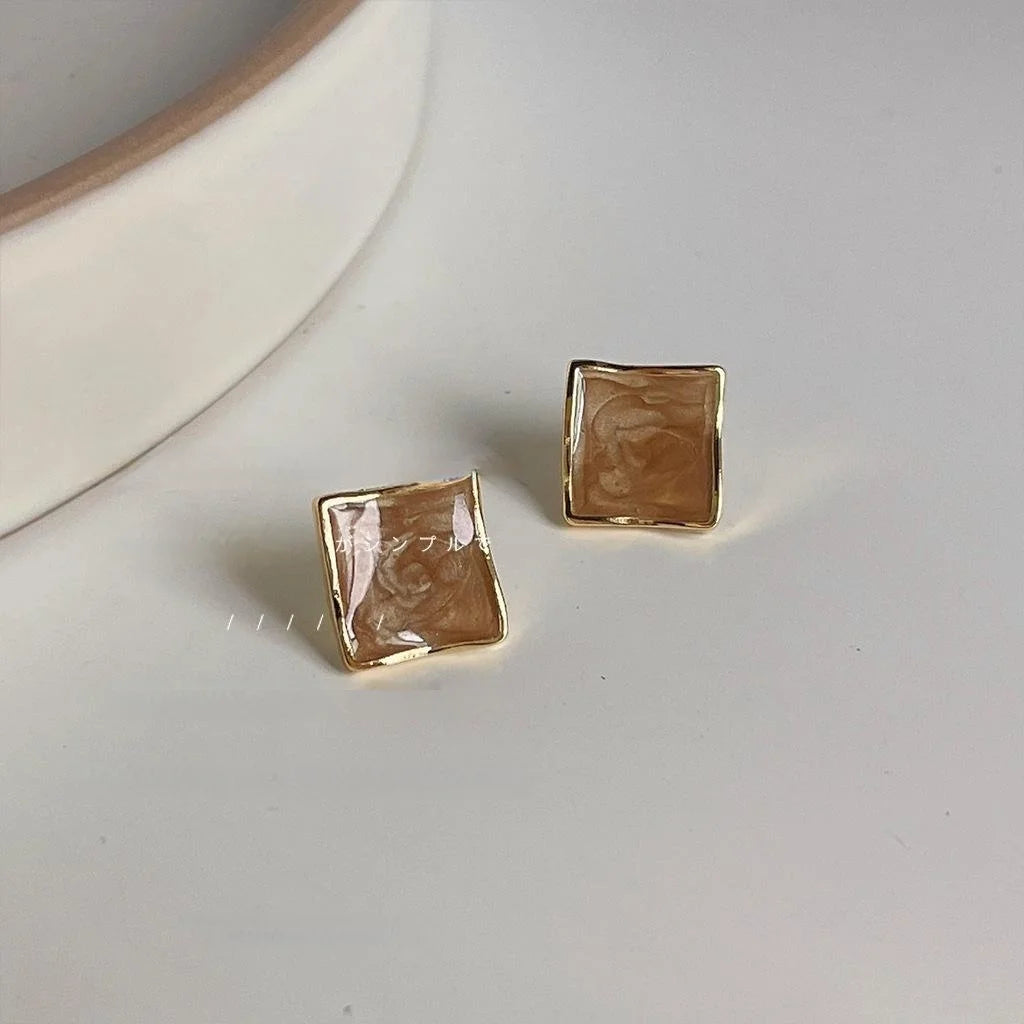 Caramel Coffee 14K Plated Copper Geometric Square Irregular Enamel Stud Earrings For Women