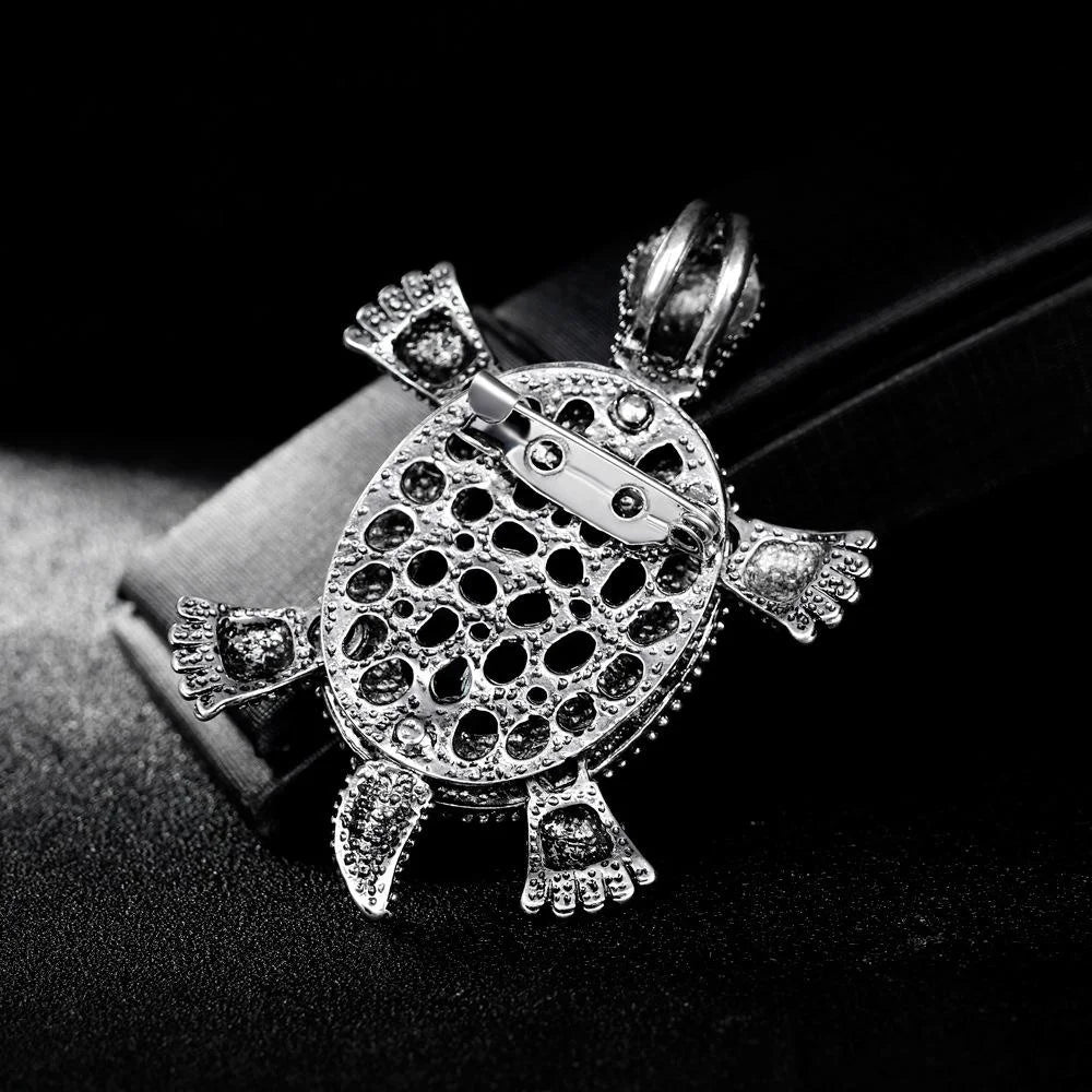 Vintage Turtle Brooch With Rhinestone Alloy Frame And Mother Of Pearl Shell, Elegant Lapel Pin Suit Accessory