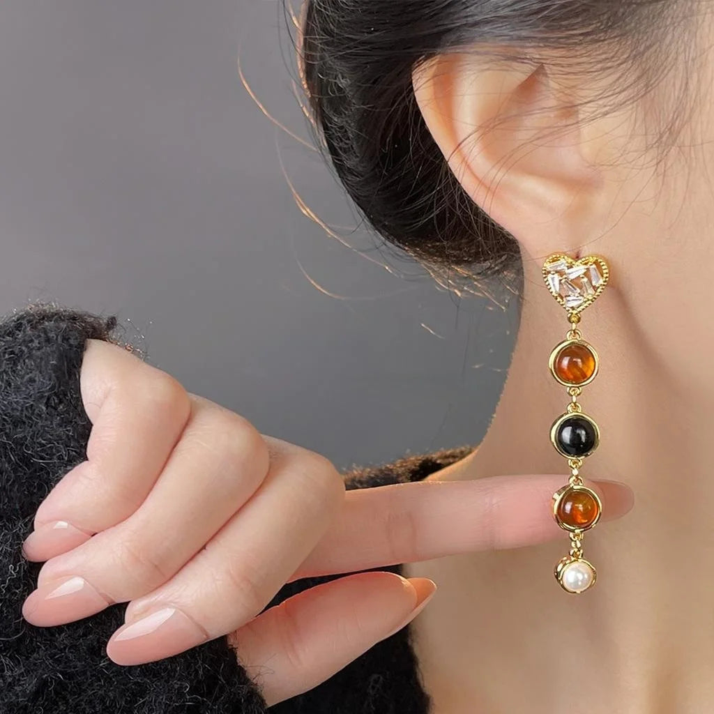 French Vintage Black Onyx Resin Pearl Heart Tassel Drop Earrings With Micro Pave Zircon