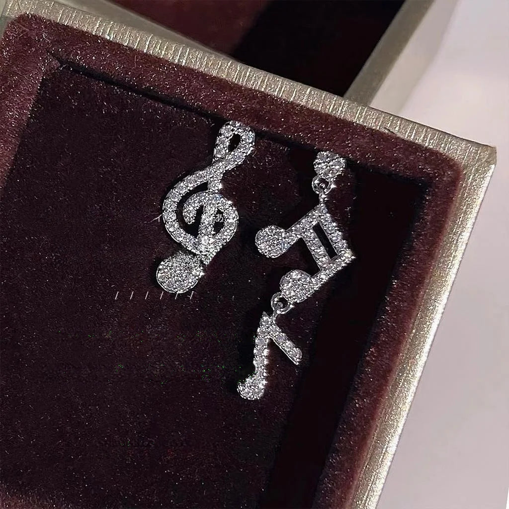 Asymmetric Music Note Micro Pave Zircon Copper Stud Earrings Silver Plated Sweet Cool Jewelry