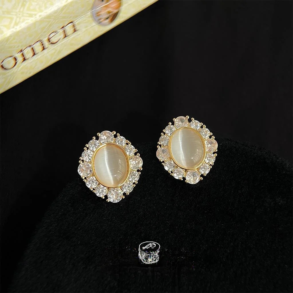 14K Gold Plated Copper Glass Cat Eye Stone Micro Pave Zircon Geometric Stud Earrings