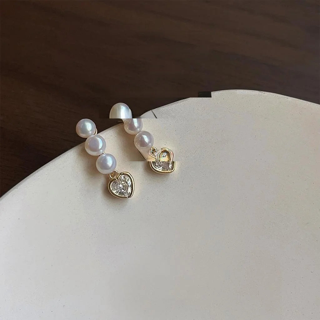 14K Gold Plated Copper Heart Freshwater Pearl Micro Pave Zircon Stud Earrings Luxury Jewelry