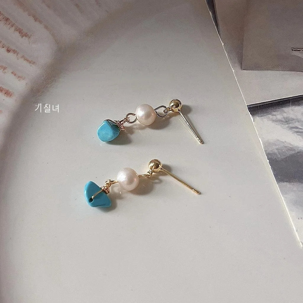 Handmade Freshwater Pearl Synthetic Turquoise Geometric Drop Earrings With 14K Plated