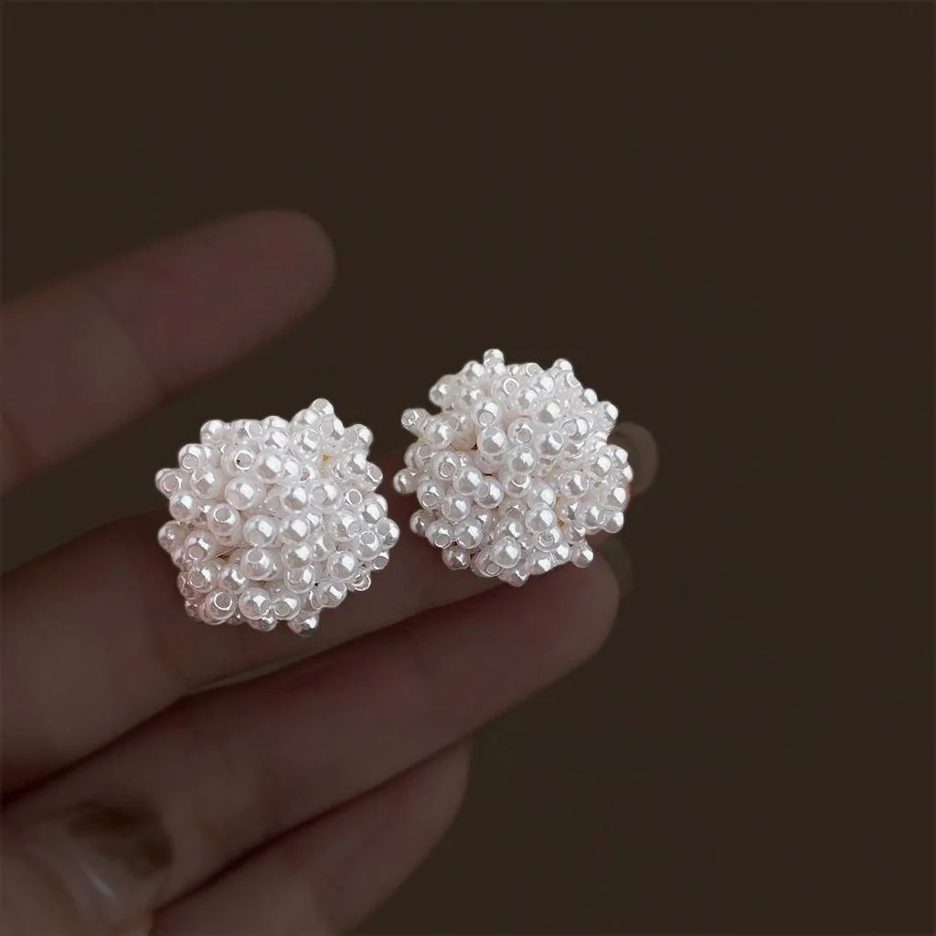 French Vintage Handmade White Faux Pearl Beaded Flower Stud Earrings