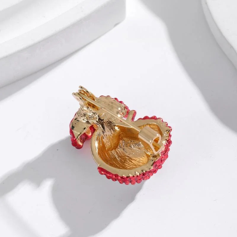 Elegant Red Enamel Lychee Fruit Brooch With Alloy Gold Tone Open Design, Cute Lapel Pin Corsage Gift