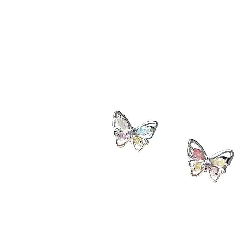 Mini Butterfly Stud Earrings Silver Plated Copper Micro Pave Colorful Zircon Korean Style