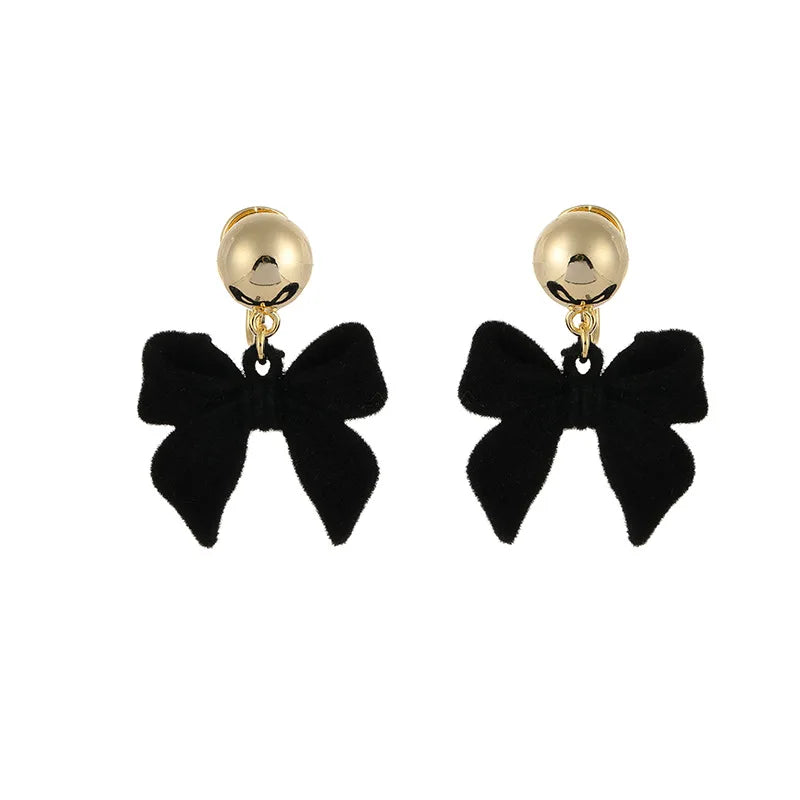 Vintage Black Velvet Bow Alloy Gold Ball Drop Stud & Clip On No Piercing Women's Fashion Earrings