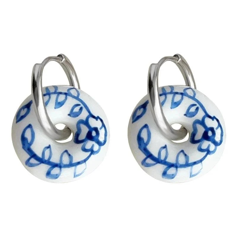 New Chinese Blue And White Porcelain Handmade Ceramic Copper Geometric Drop Earrings
