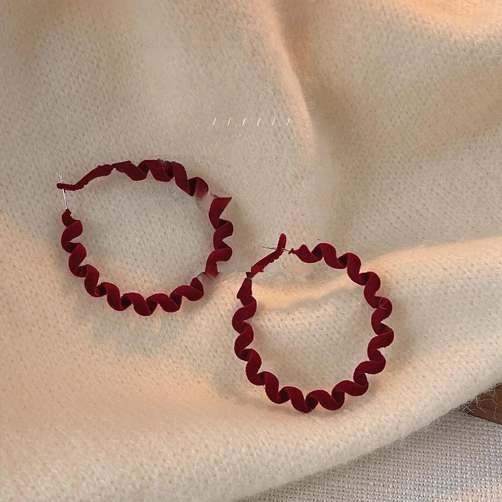 Burgundy Flocked Metal Hoop Earrings With Silver Plated Posts, Winter Geometric Coil Style