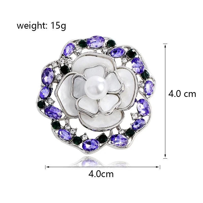 Elegant Camellia Flower Alloy Brooch With Faux Mother Of Pearl Petals, Pearl And Rhinestone Lapel Pin Gift