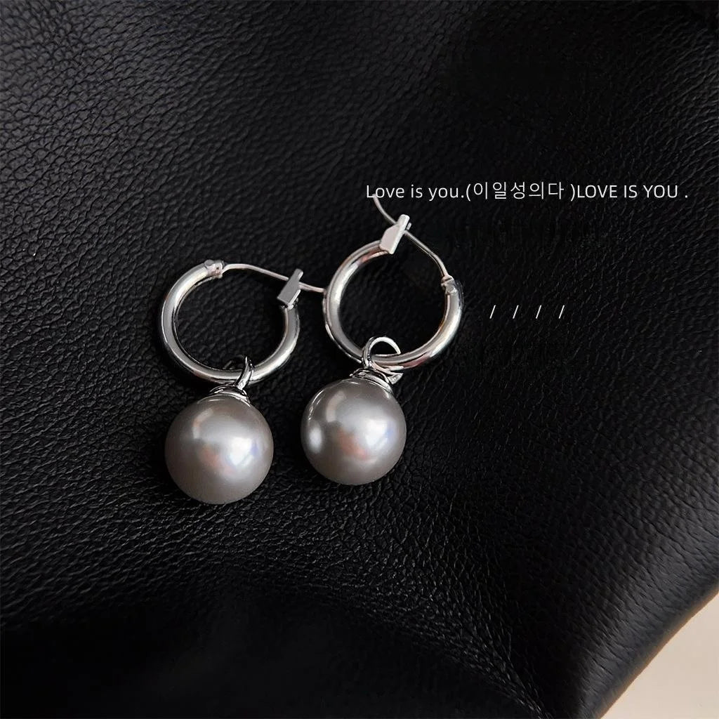 Minimalist Luxury Gray Glass Pearl Drop Earrings Copper Geometric Round Commuter Jewelry