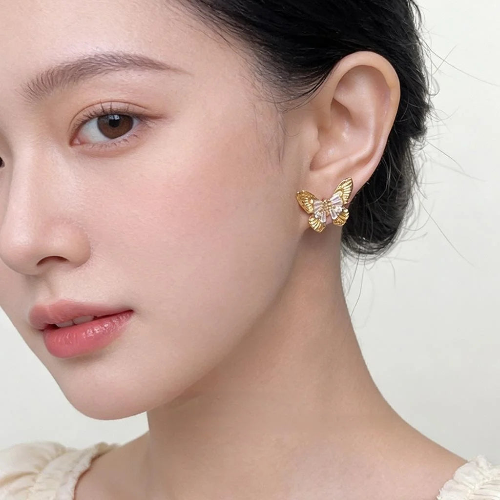 French Vintage Micro Pave Zircon Butterfly Drop Earrings Textured Elegant Jewelry