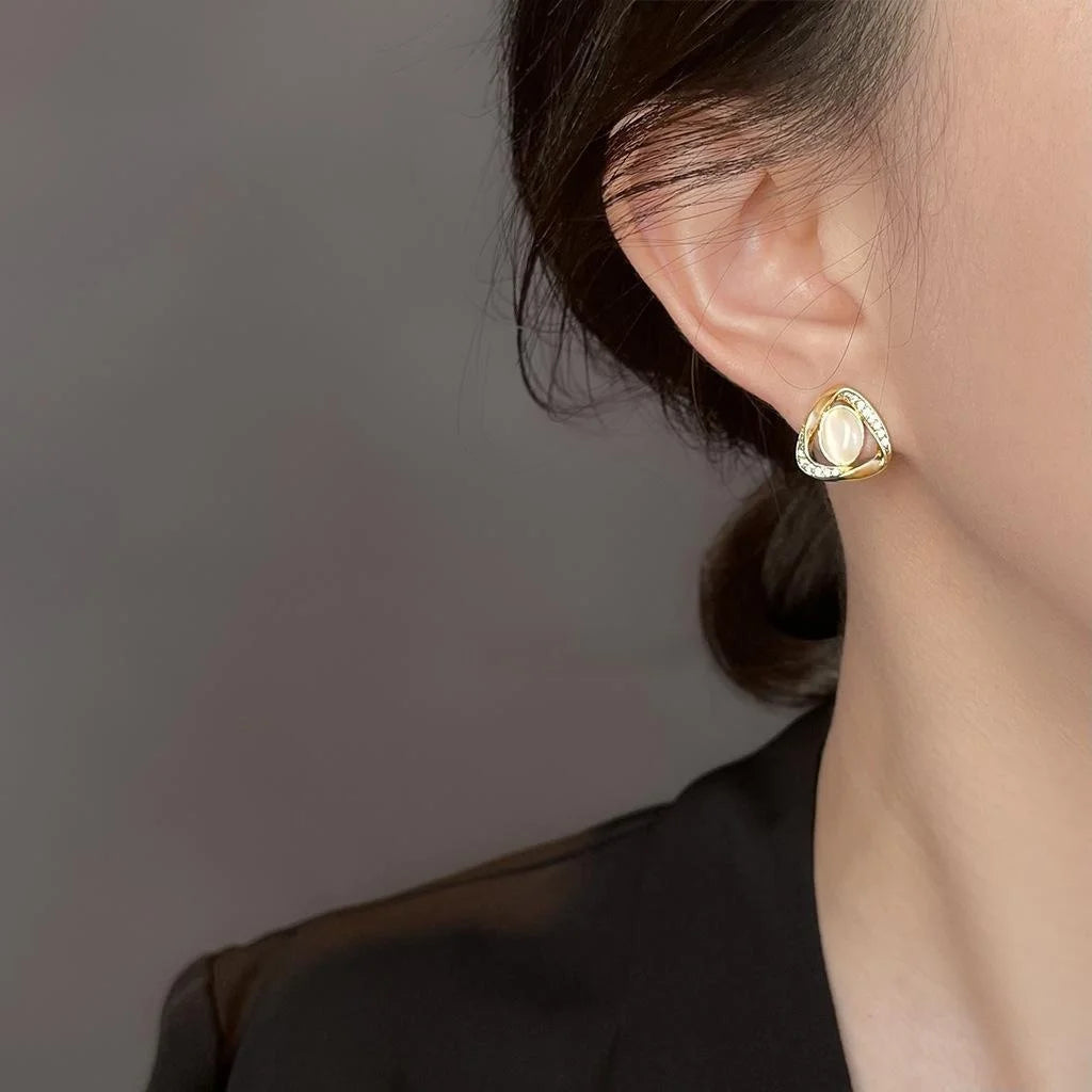 Light Luxury 14K Gold Plated Copper Geometric Cat Eye Zircon Triangle Oval Stud Earrings