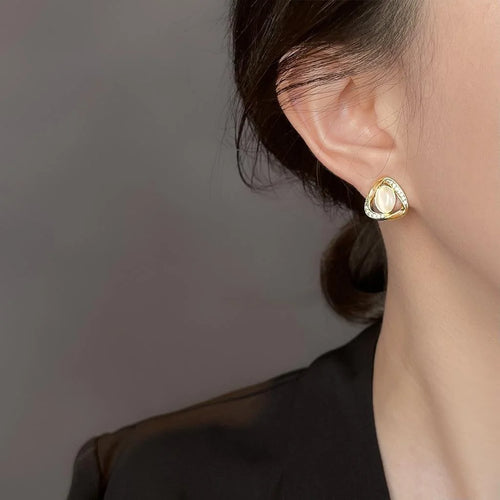 Light Luxury 14K Gold Plated Copper Geometric Cat Eye Zircon Triangle Oval Stud Earrings