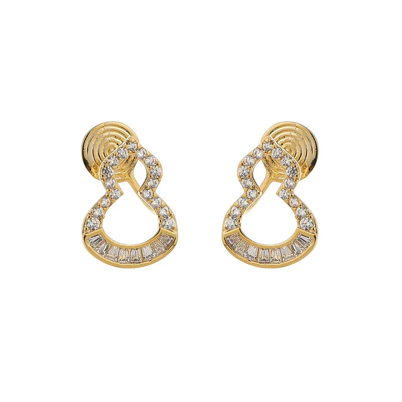 Elegant Hollow Gourd Zircon Gold Tone Alloy Stud & Clip On No Piercing Commuter Jewelry Earrings