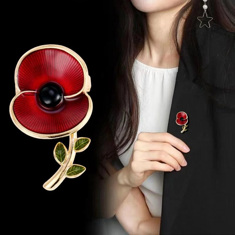 Elegant Red Enamel Poppy Flower Brooch With Gold Tone Stem, Floral Lapel Pin Corsage Suit Accessory Gift