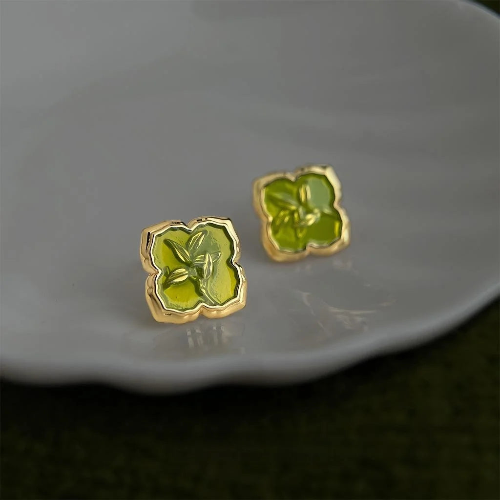 Grass Green Geometric Floral Leaf Stud Earrings Eco Copper New Chinese Fresh Style