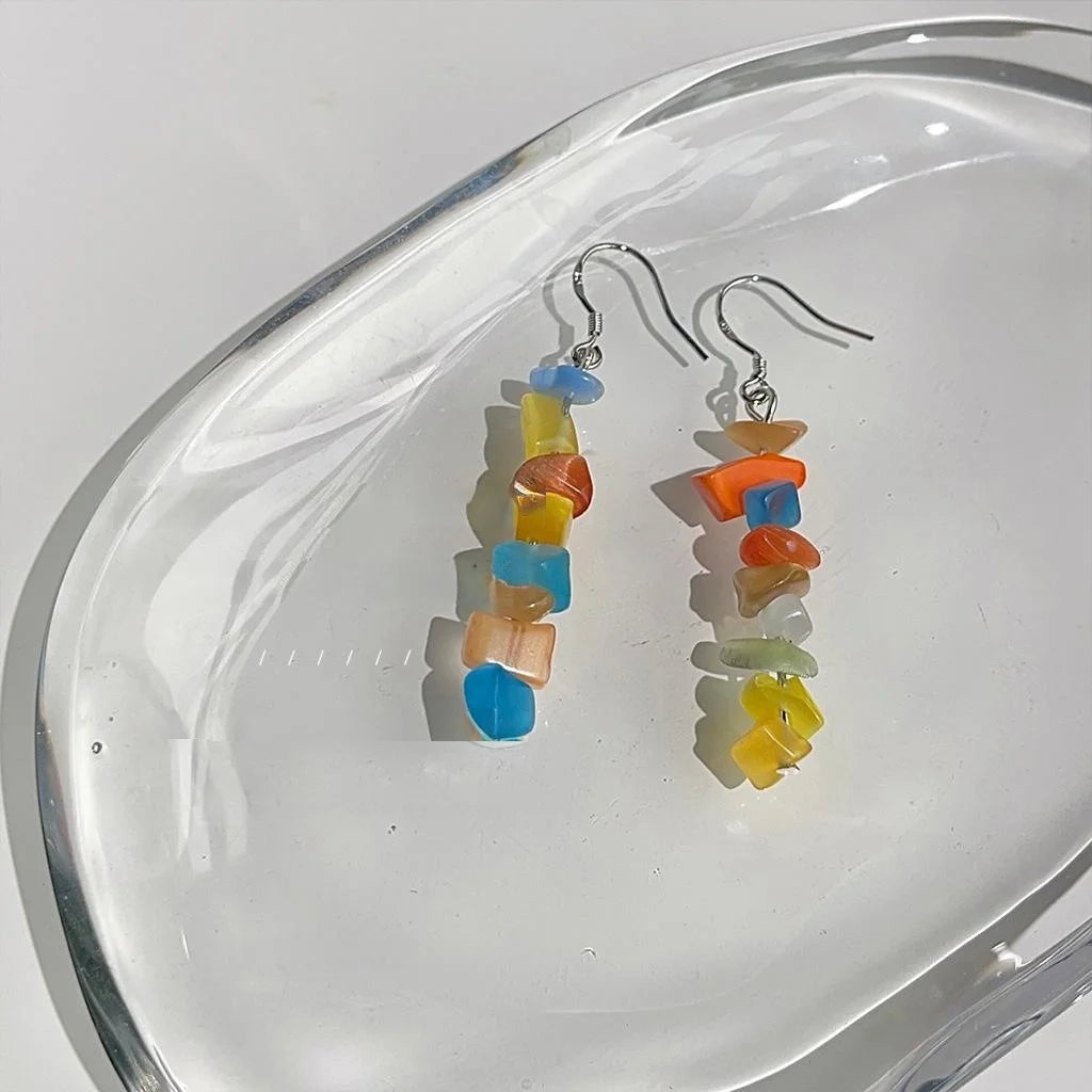 Sweet Geometric Glass Cat Eye Stone Tassel Drop Earrings With Silver Plated Pins
