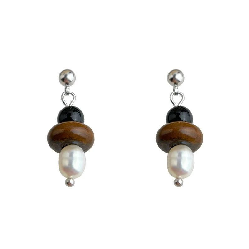 Handmade Vintage Hong Kong Style Freshwater Pearl Tiger Eye Natural Stone Round Oval Hoop Drop Earrings