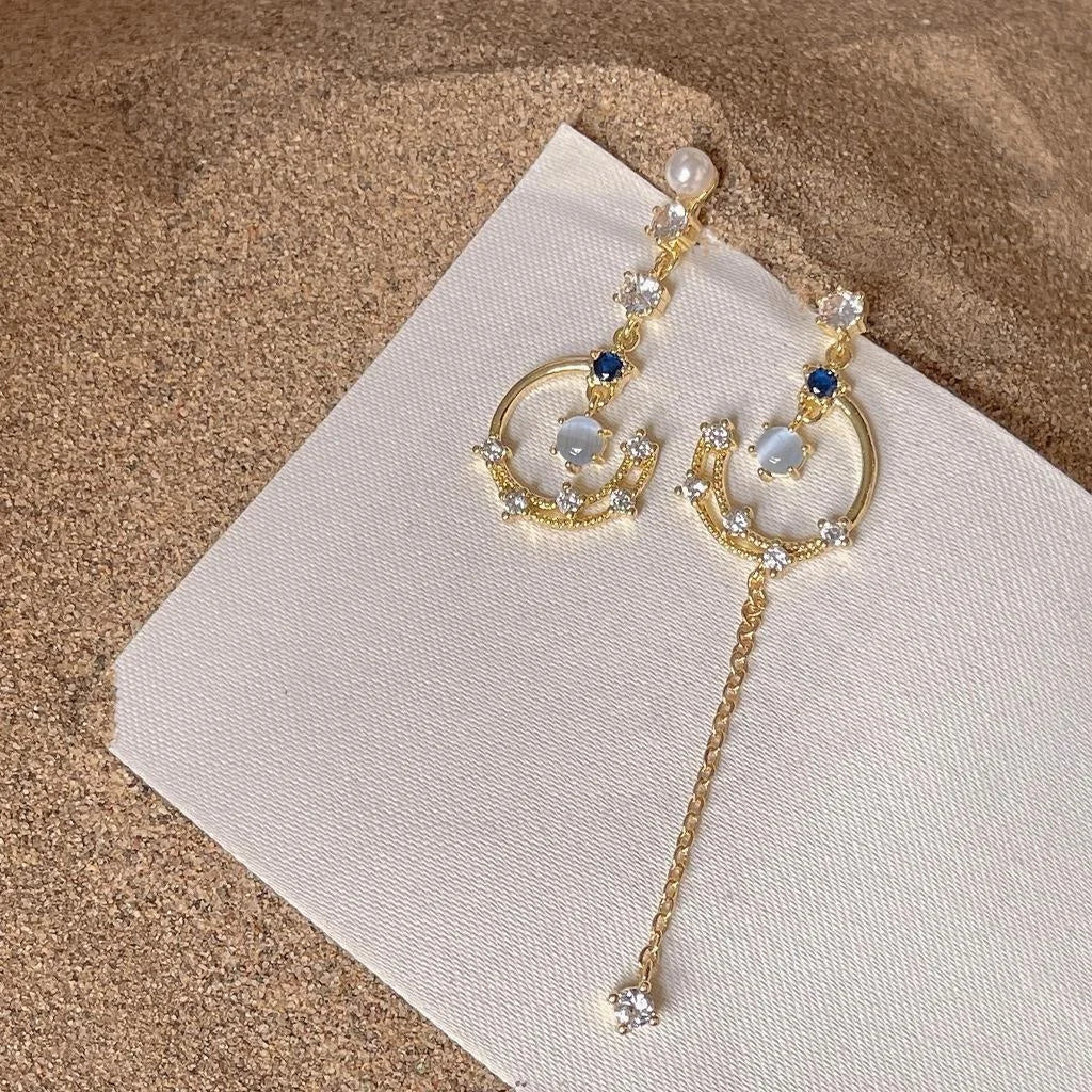 14K Gold Plated Copper Micro Pave Zircon Star Tassel Stud Earrings Asymmetric Jewelry