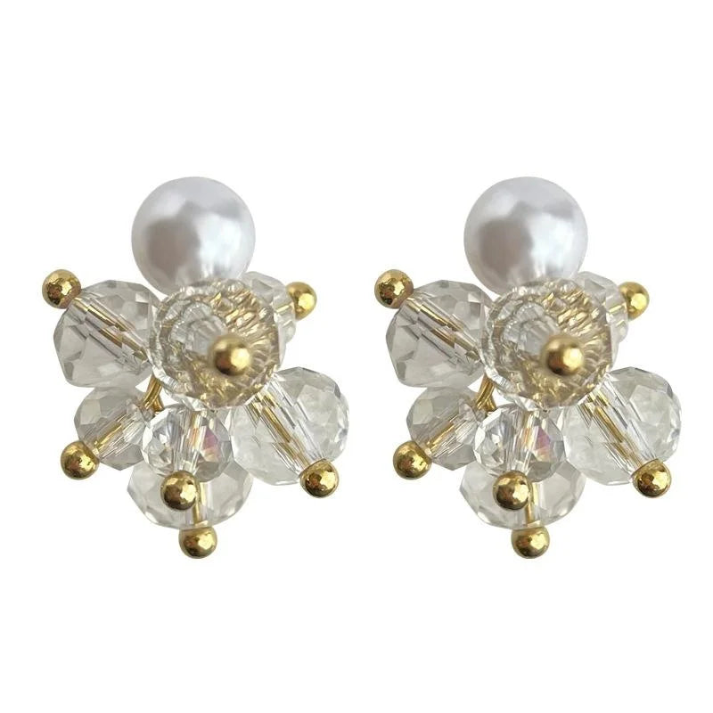 Handmade Crushed Ice Glass Crystal Pearl Tassel Drop Earrings Minimalist Geometric Jewelry