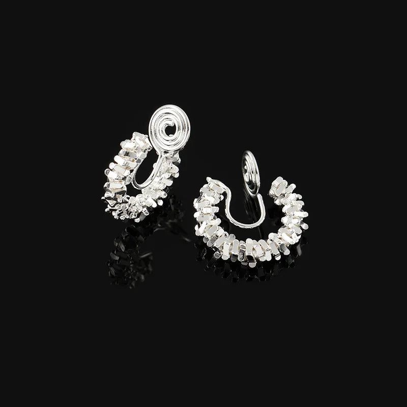 Vintage Spiral Coil Rhinestone Hoop Stud & Clip On No Piercing Minimalist Silver Alloy Earrings
