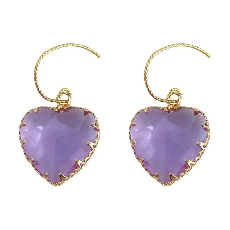 18K Plated Copper Glass Crystal Heart Drop Earrings Vintage Luxury Sparkly Women's Jewelry