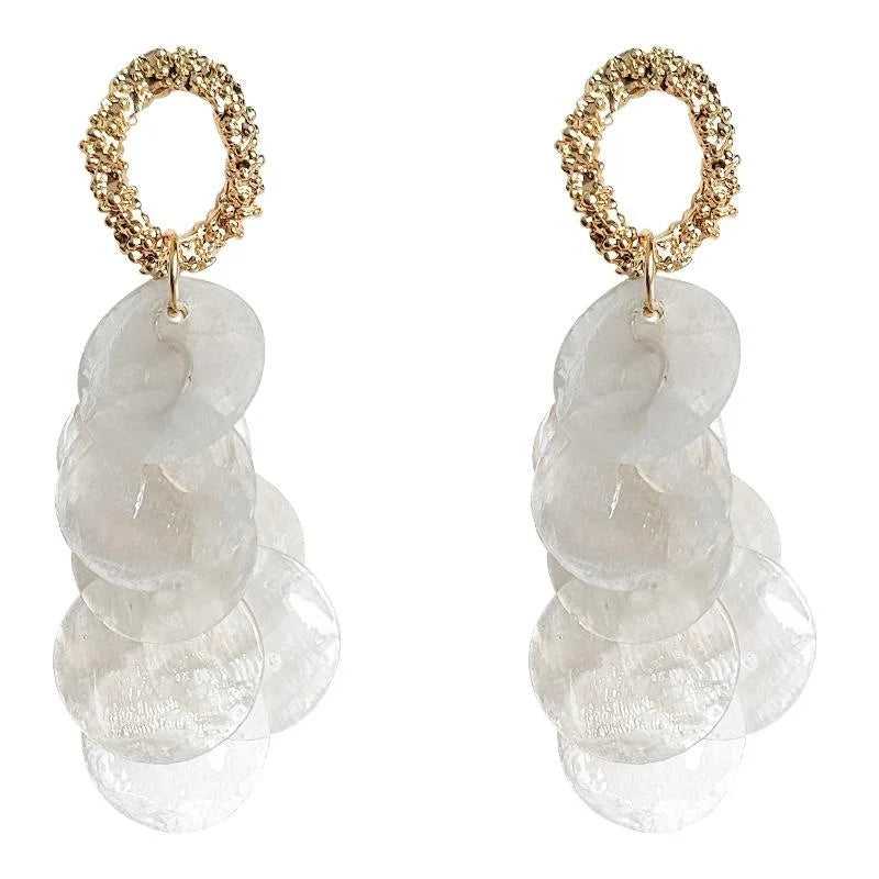 14K Gold Plated Geometric Shell Tassel Stud Earrings Handmade Light Luxury Jewelry