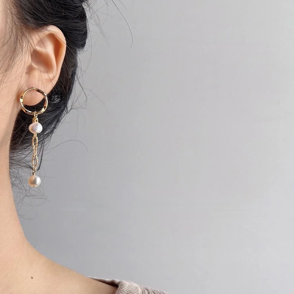 French Vintage Baroque Freshwater Pearl Tassel Stud Earrings, Asymmetric Copper Geometric Design