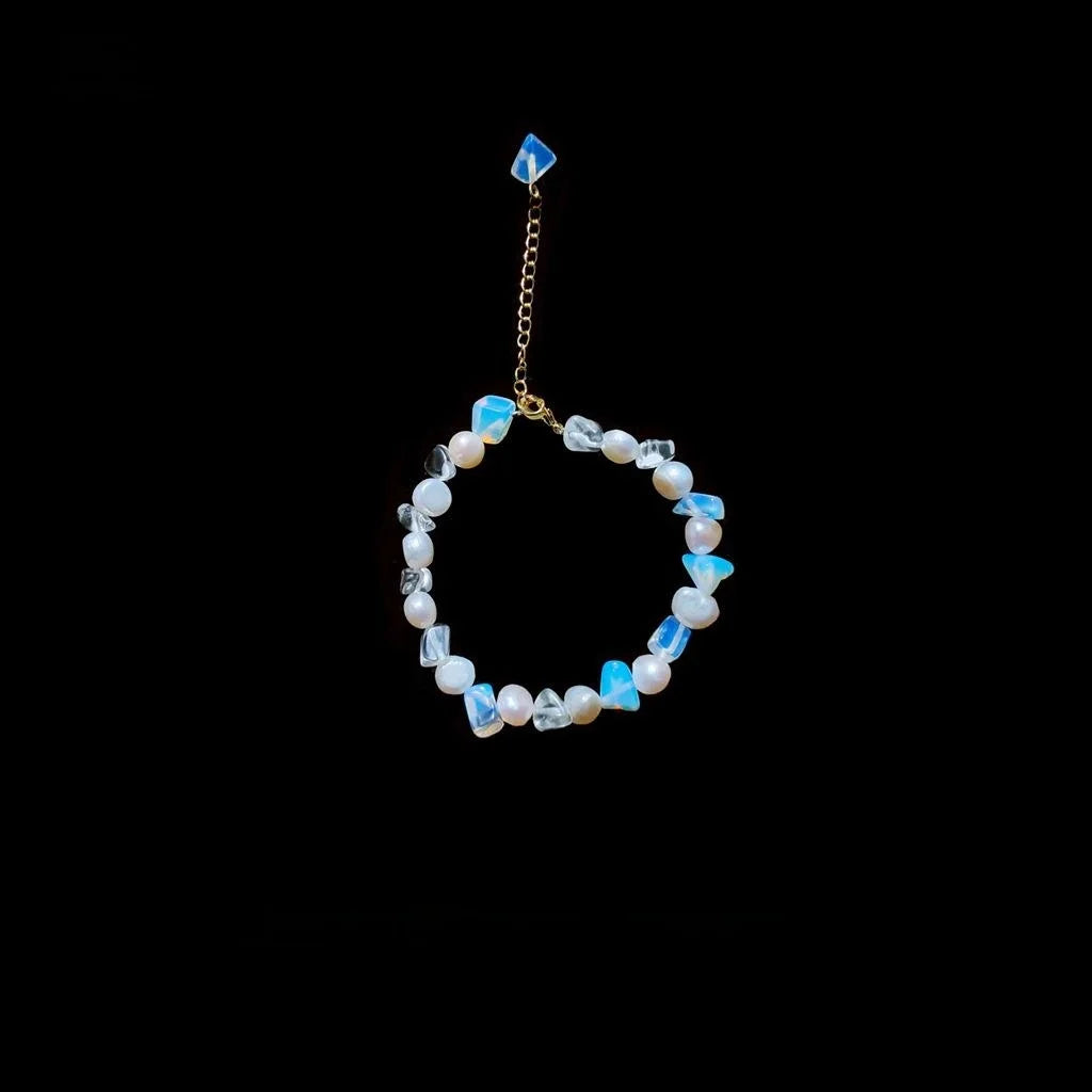 14K Gold Plated Glass Moonstone Pearl Bracelet French Vintage Geometric Circle Jewelry