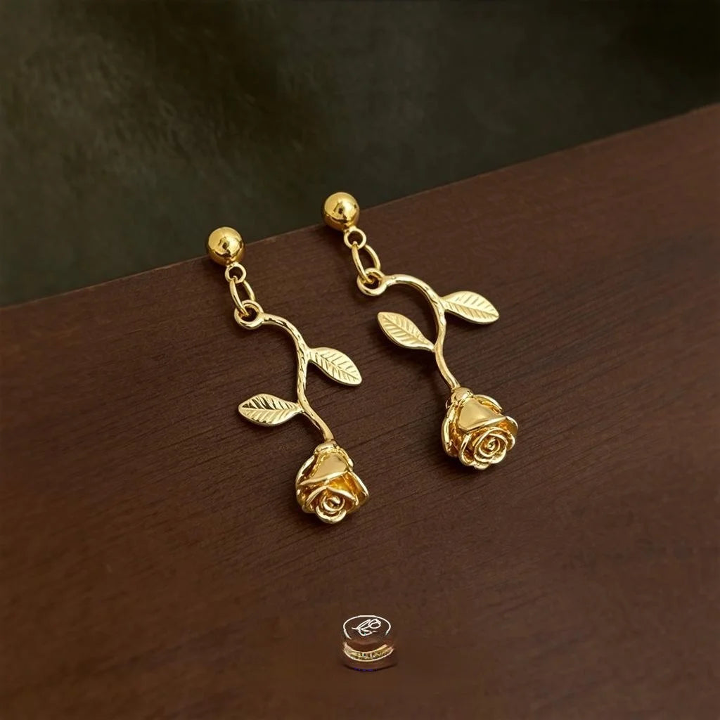 French Vintage 14K Rose Gold Plated Alloy Rose Flower Drop Earrings for Women