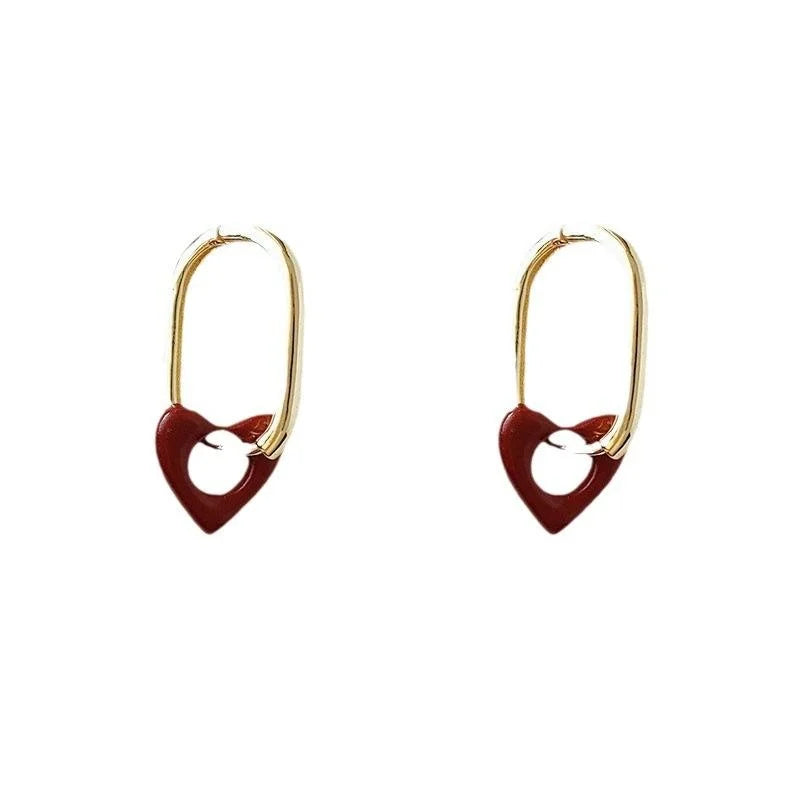 French Vintage Red Hollow Heart Oval Copper Drop Earrings For Women, Elegant Commuter Style