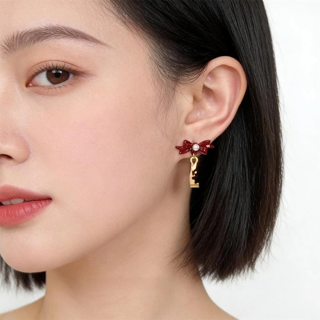Matte Bow Drop Earrings Eco-Friendly Copper Chinese New Year Horse Lucky Geometric Jewelry