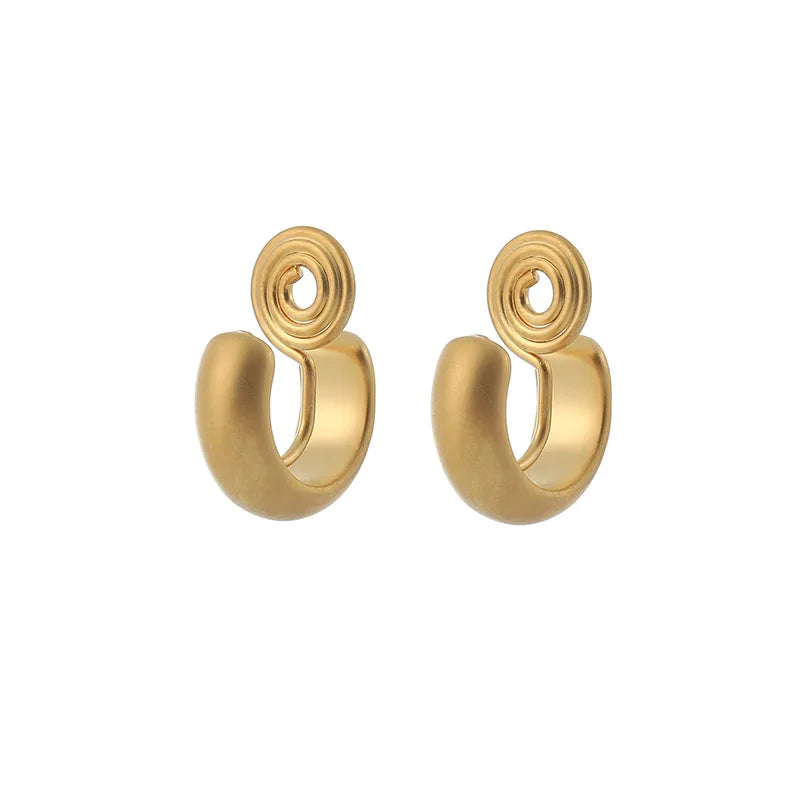 Elegant Matte Gold Alloy Spiral Hoop Stud & Clip On No Piercing Minimalist Small Round Commuter Earrings