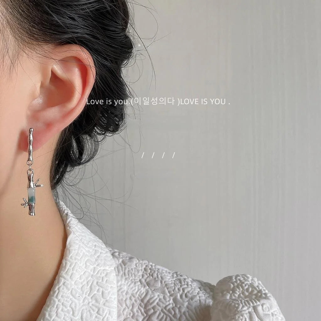 New Chinese Copper Asymmetric Bamboo Leaf Stud Earrings, Geometric Bamboo Joint Minimalist Style