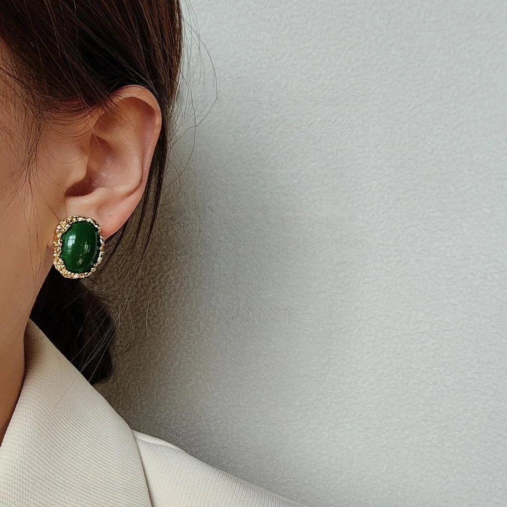 Vintage Style Copper Oval Emerald Green Statement Stud Earrings For Women