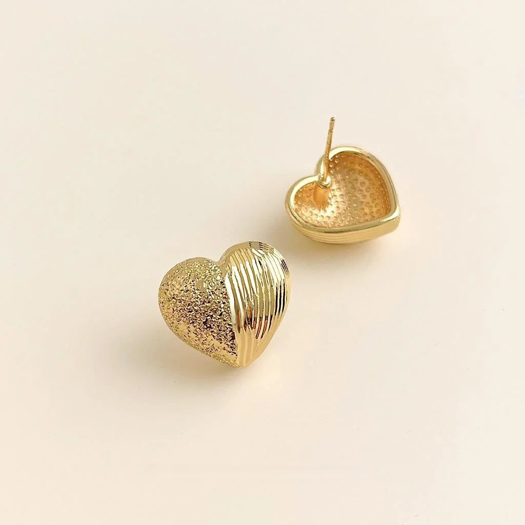 14K Gold Plated Copper Heart Stud Earrings Handmade Hammered Sand Texture Geometric Minimalist Jewelry