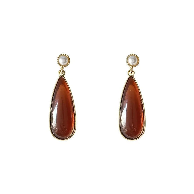 French Vintage Palace Style Amber Teardrop Pearl Alloy Stud Earrings For Women
