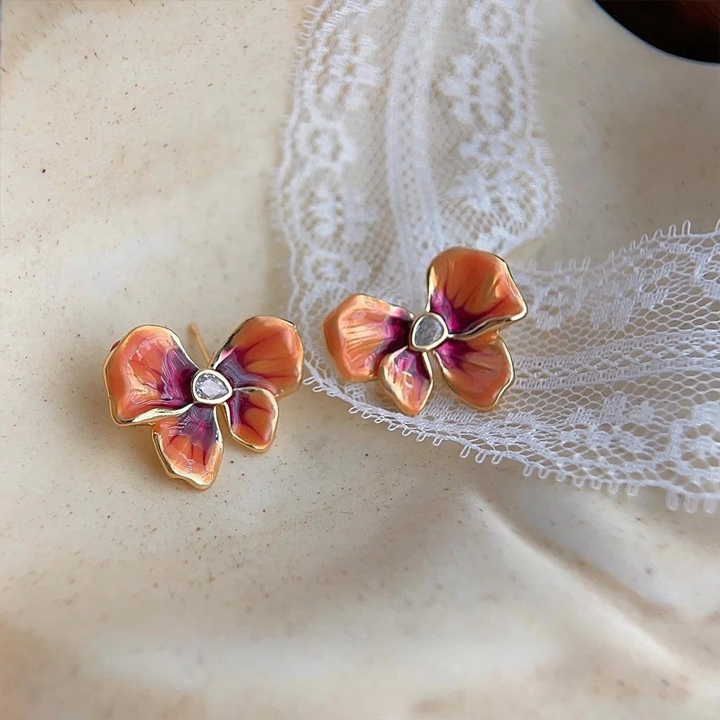French Vintage Enamel Ombre Iris Flower Drop Earrings, Copper